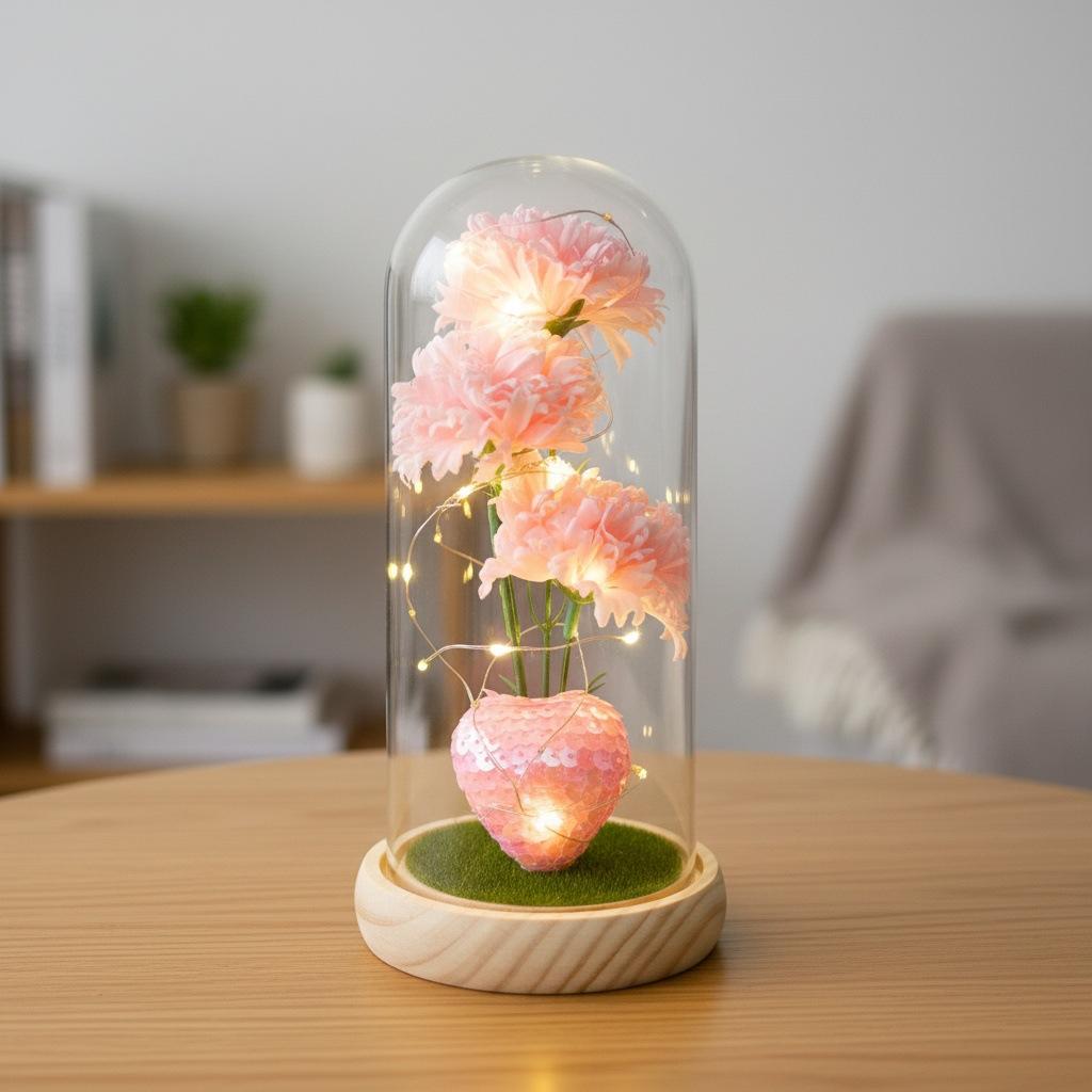 Simulation Carnation Soap Flower Eternal Flower Glass Cover Mother's Day Gift for Mom Valentine's Day Gift Teachers' Day
