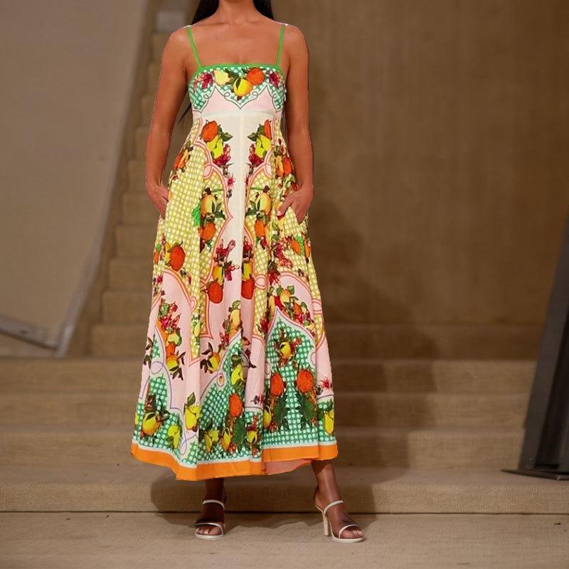 Темперамент Мода Европейский и Американский Слинг Повседневное Летнее Элегантное Женское Платье с Принтом с Высокой Талией 2025