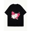 Oversized T Shirt Black Cat With Pink Wings And Butterflies Print For Casual Wear