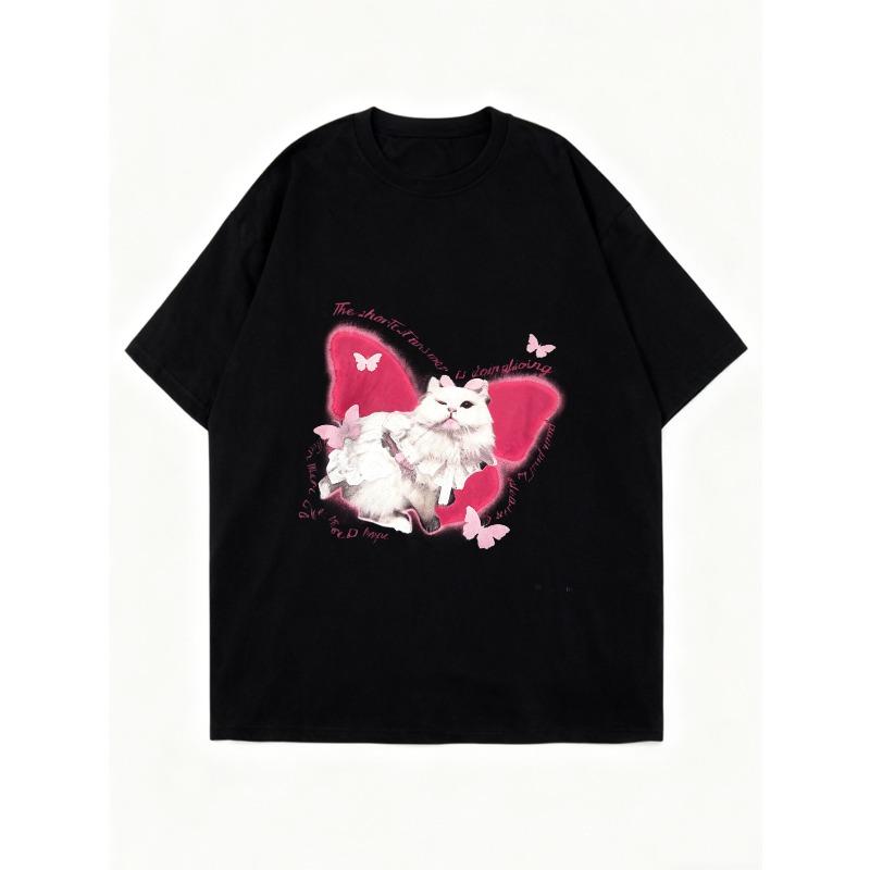 Oversized T Shirt Black Cat With Pink Wings And Butterflies Print For Casual Wear