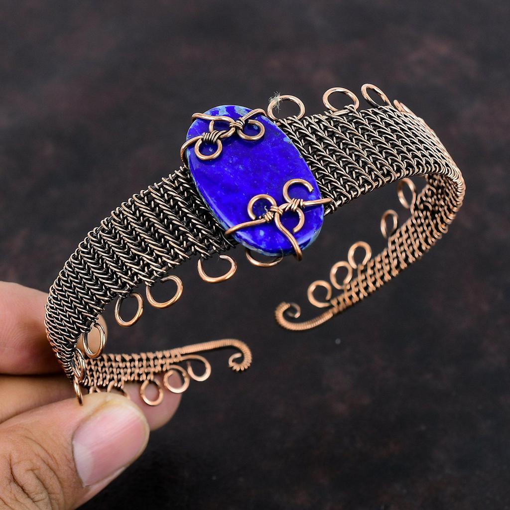 Браслет из лазурита, медная проволока, браслет-манжета, браслет из натурального драгоценного камня, регулируемый браслет ручной работы, уникальные медные украшения, подарок для нее