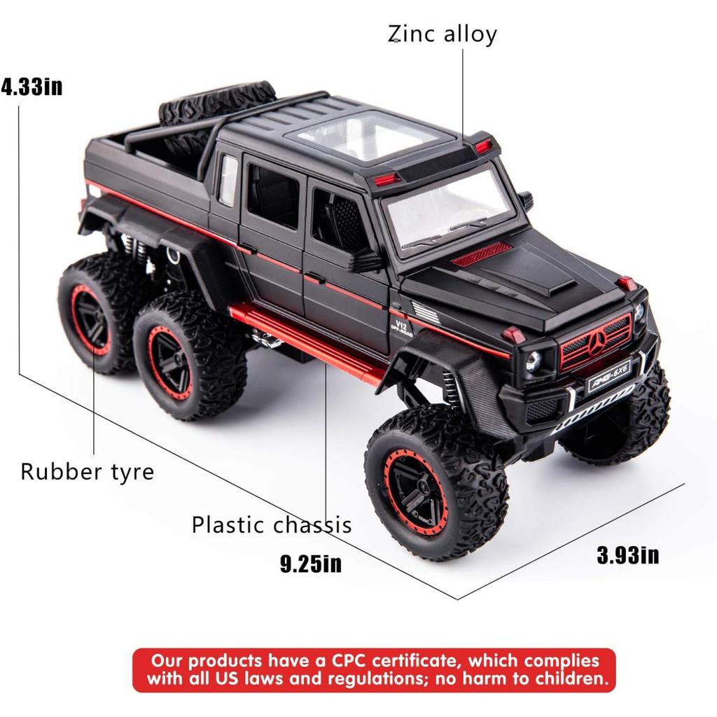 1/22 Benz G63 AMG 6x6 V12, внедорожная черная модель пикапа, игрушечный автомобиль из цинкового сплава со звуком и светом для детей, подарок для мальчиков и девочек