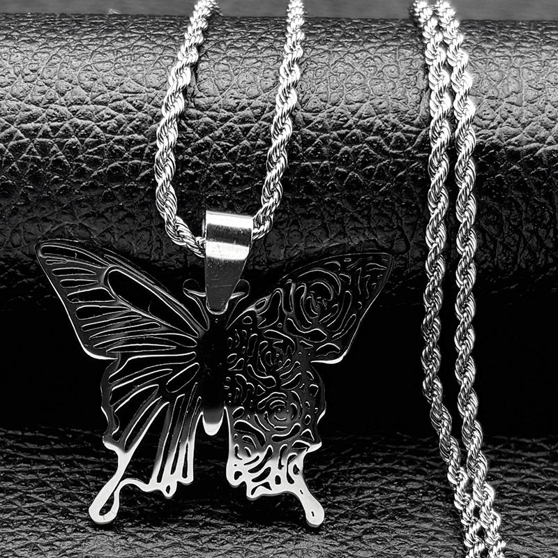 Gothic Black Butterfly Hollow Pendant Necklace for Women Men Stainless Steel Carving Flower Rose Insect Necklaces Jewelry N6121