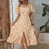 YYFS Женская мода лето весна цветочный принт с коротким рукавом V-образным вырезом с высокой талией повседневные платья