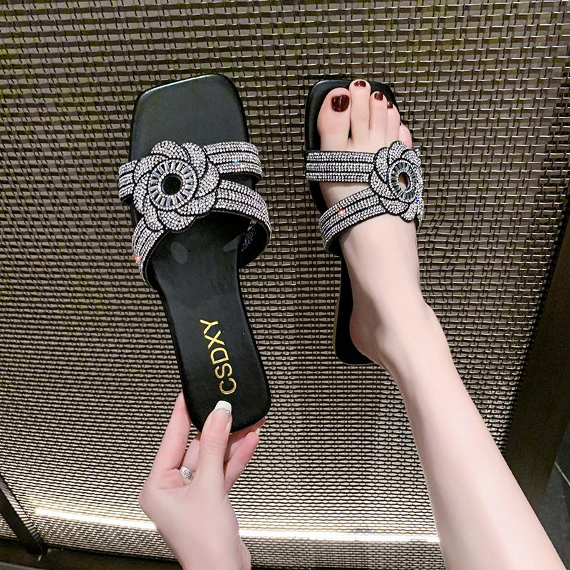 Женские роскошные тапочки со стразами и цветами, модные повседневные сандалии на плоской подошве, женские шлепанцы с квадратным носком, пляжные праздничные шлепанцы