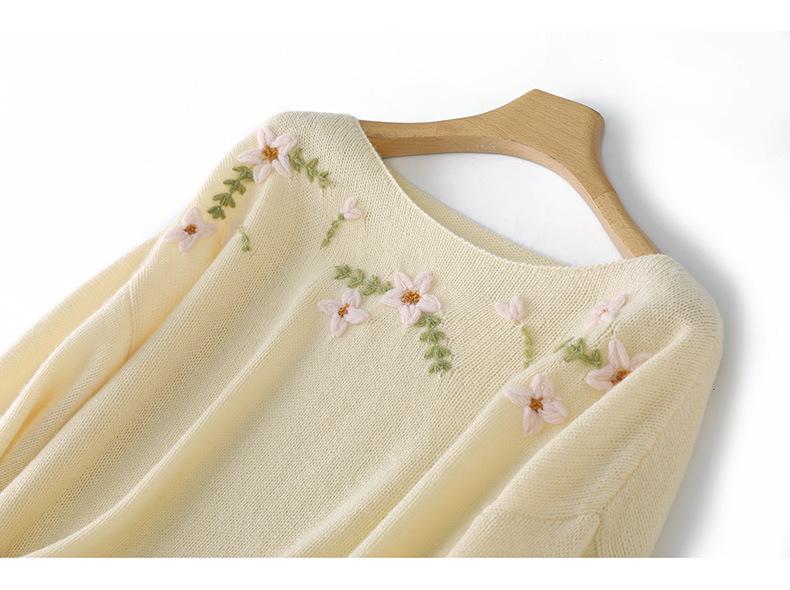 2026 Autumn/Winter Women's Embroidered Floral Wool One-Shoulder Sweater Top
