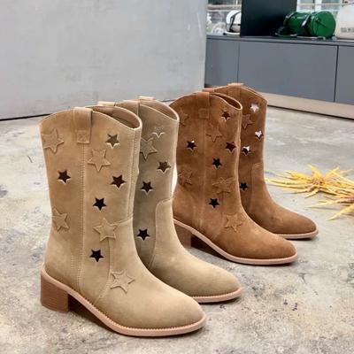 Модные роскошные женские сапоги весна/лето 2024 года, короткие сапоги на толстом каблуке, французские винтажные сапоги с заостренным носком в западном стиле