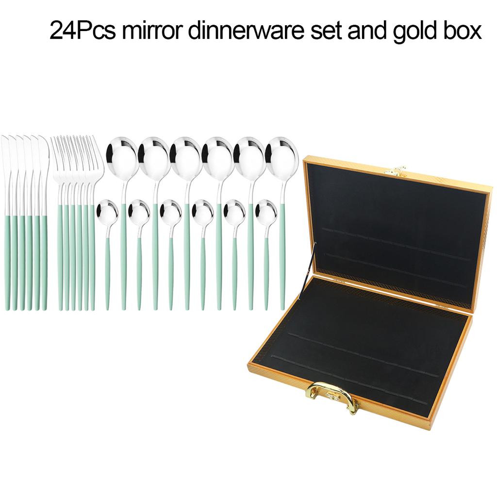 24Pcs Black Gold Dinnerware Set with Box Knives Fork Tea Spoon Cutlery Set Stainless Steel Silverware Tableware Kitchen Flatware