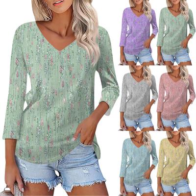 Рубашка для женщин. Модная повседневная свободная футболка с v-образным вырезом и рукавами 3/4. Женский топ.