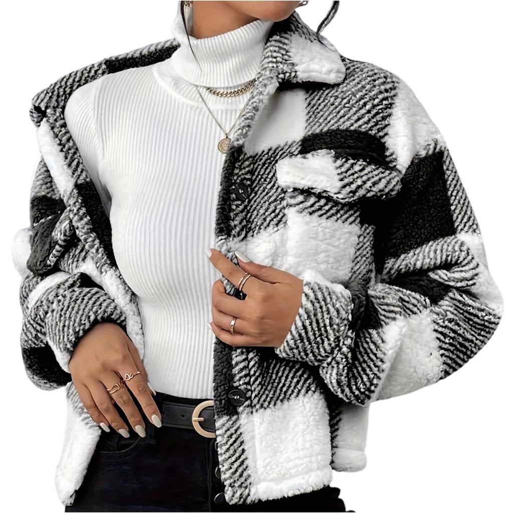 Women's Plaid Double-sided Plush Patch Pocket Button Cardigan Casual Top Jacket