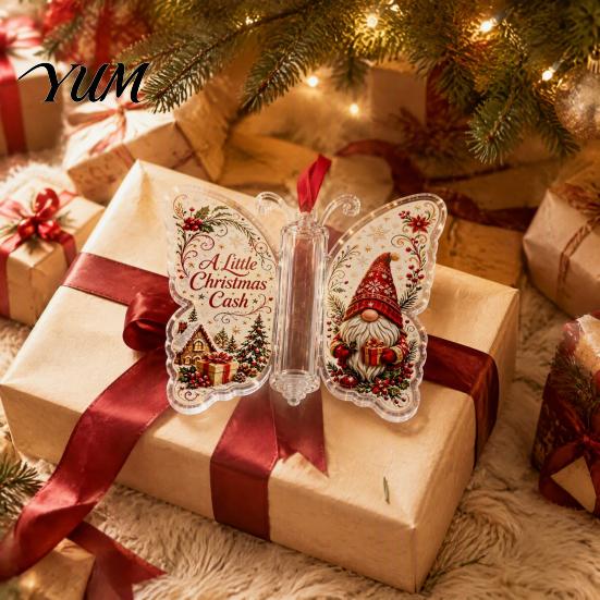 Decorative Hanging Money Gift Christmas Holder Ornament, Acrylic Cash Decor with Vintage Idea for Friends Butterfly Print, Holiday Party Supplies And