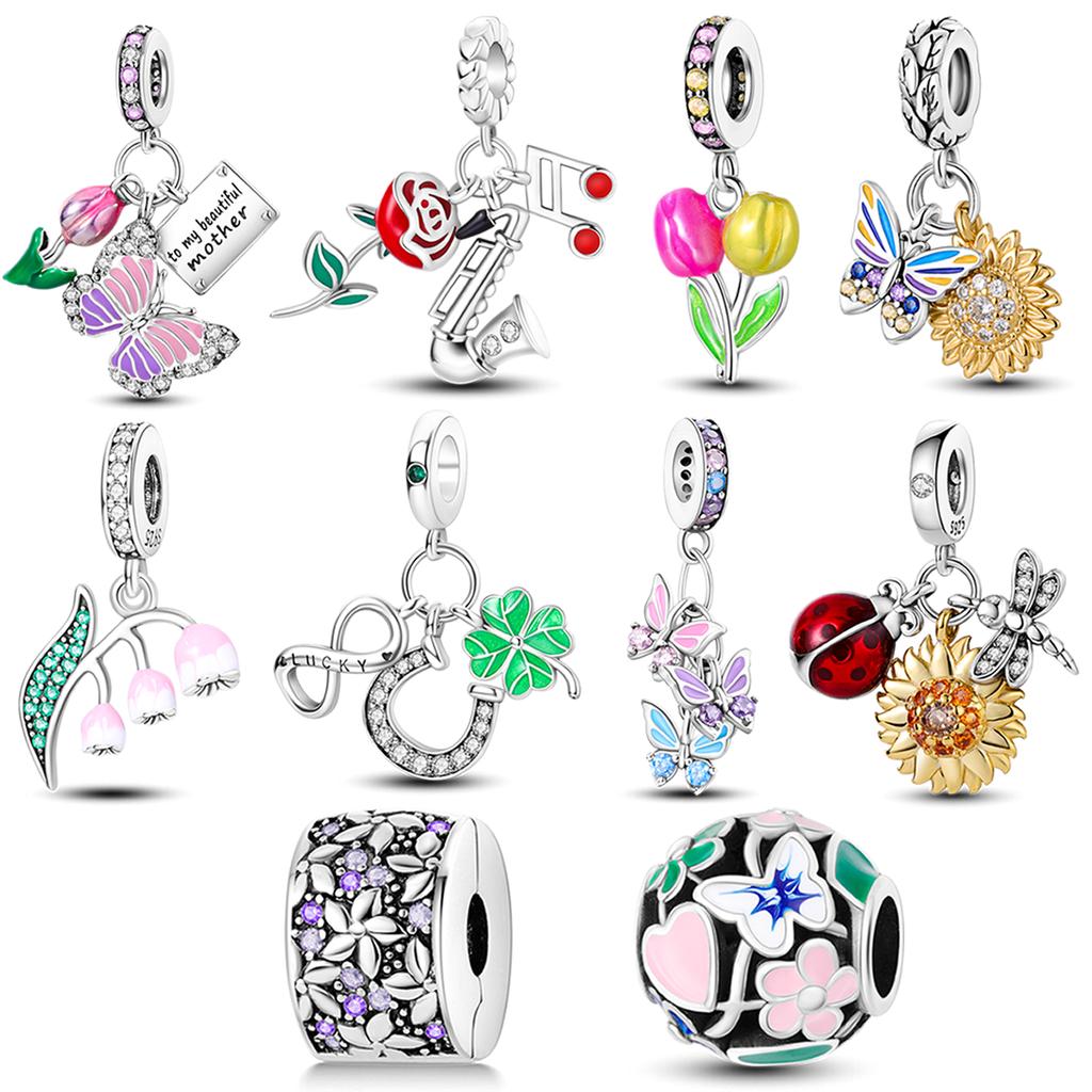 925 Silver Charms Beads Plants Flowers Rose Tree Of Life Clip Dangle Fit Bracelet Bangle Jewelry