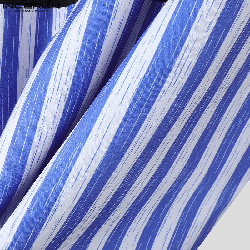 INCERUN Oversized Men Stand V Neck Long Sleeve Striped Patchwork Casual T-shirts Tops