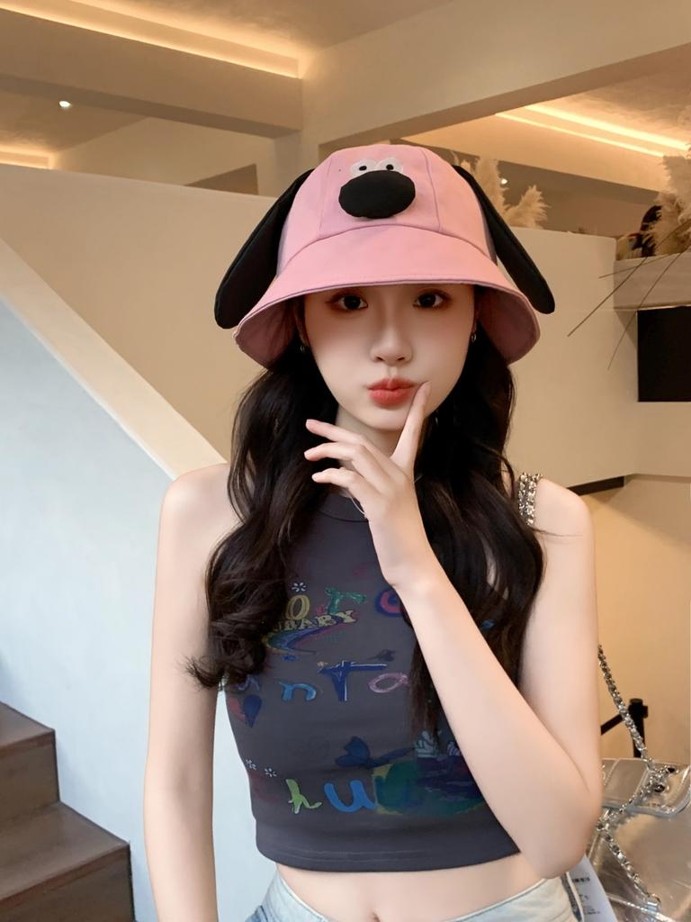 Spring Summer Bucket Hat For Women Men Cute Dog Ear Bear Nose Cartoon Fisherman Hat Outdoor Sun Hat Mountain Travel Beach Cap