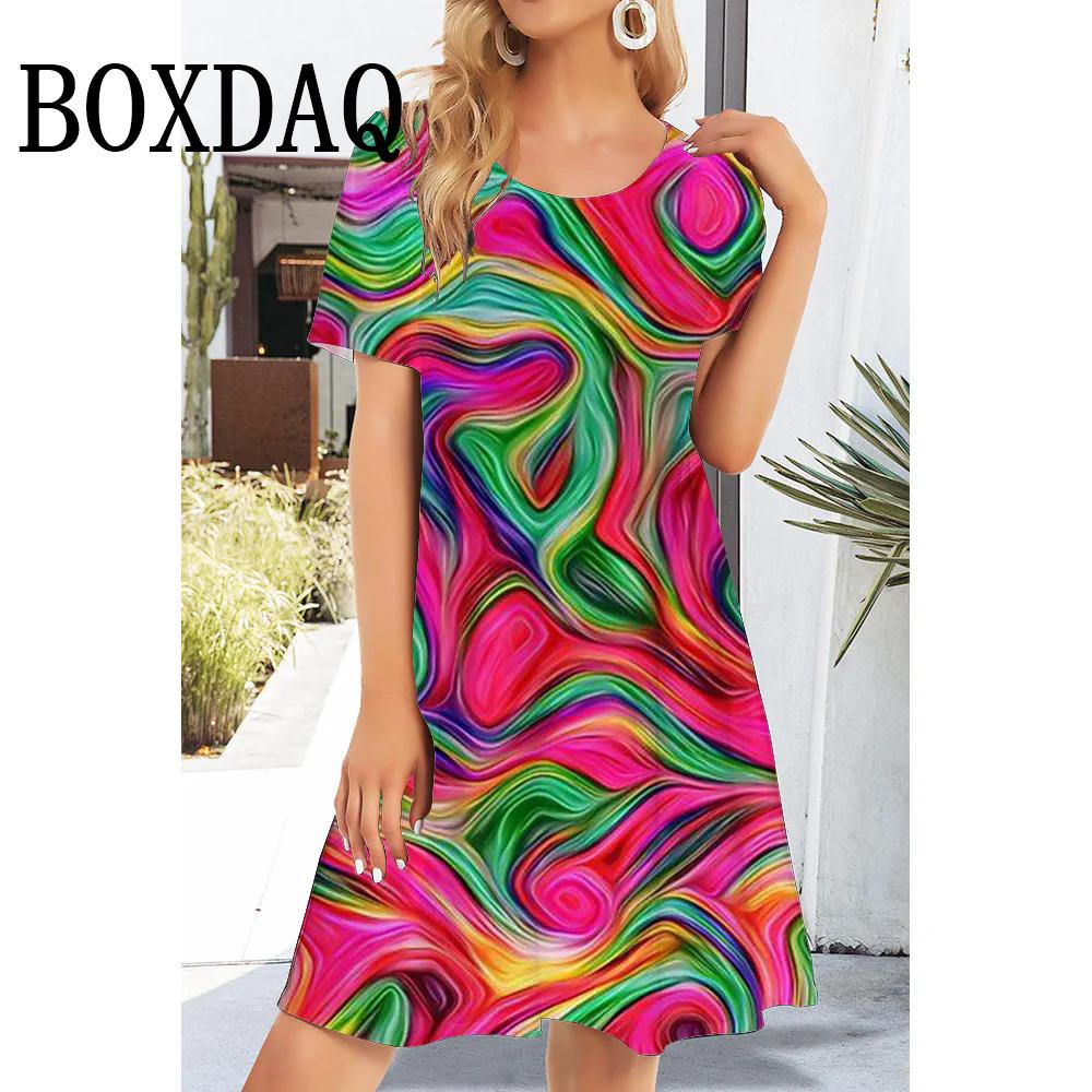 Летние женские платья с коротким рукавом, модные повседневные платья с цветочным принтом 2025, женские свободные короткие платья с круглым вырезом, сарафан