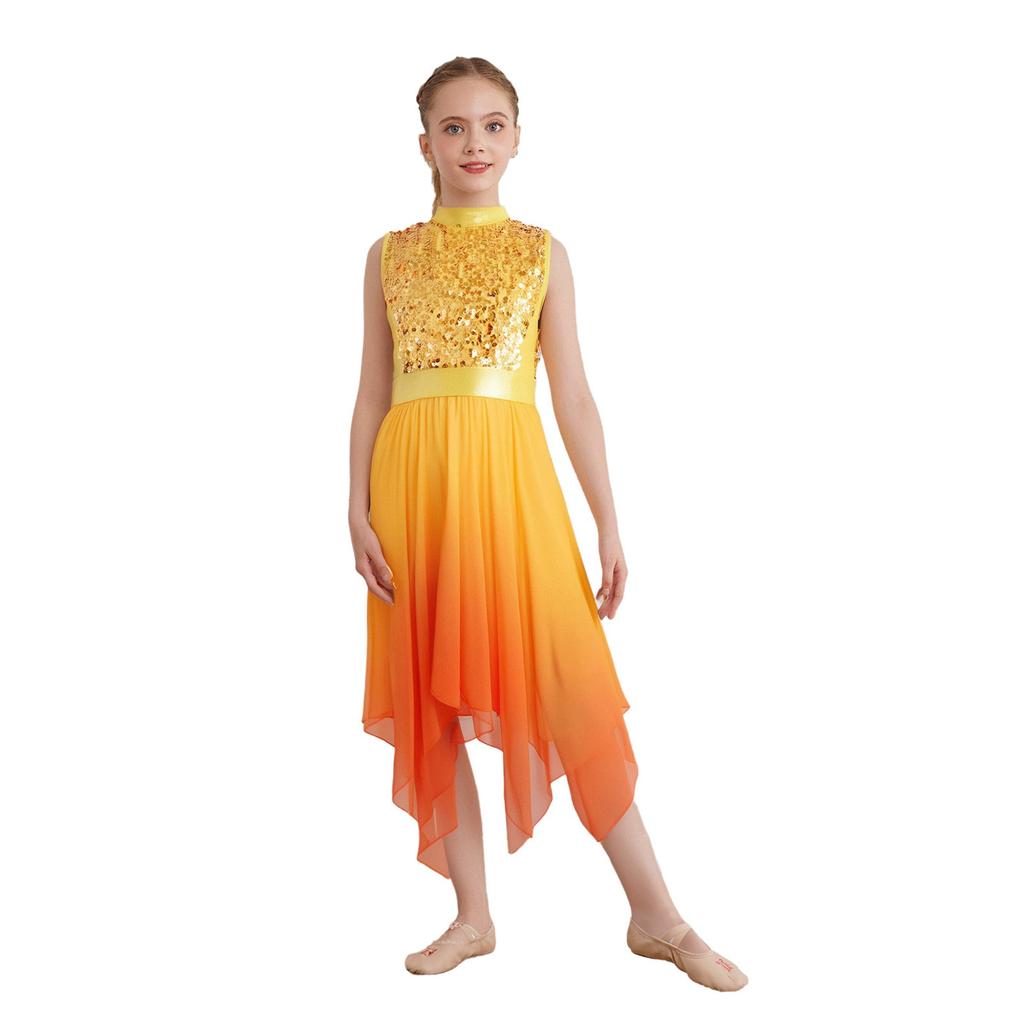 Girls Worship Dance Dress Mock Neck Sleeveless Asymmetrical Hem Shiny Sequins Bodice Liturgical Costume