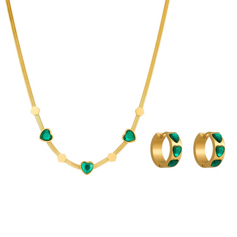 DIEYURO 316L Stainless Steel Green Heart Crystal Pendant Necklace Earrings For Women Girl New Trend Non-fading Jewelry Set Party