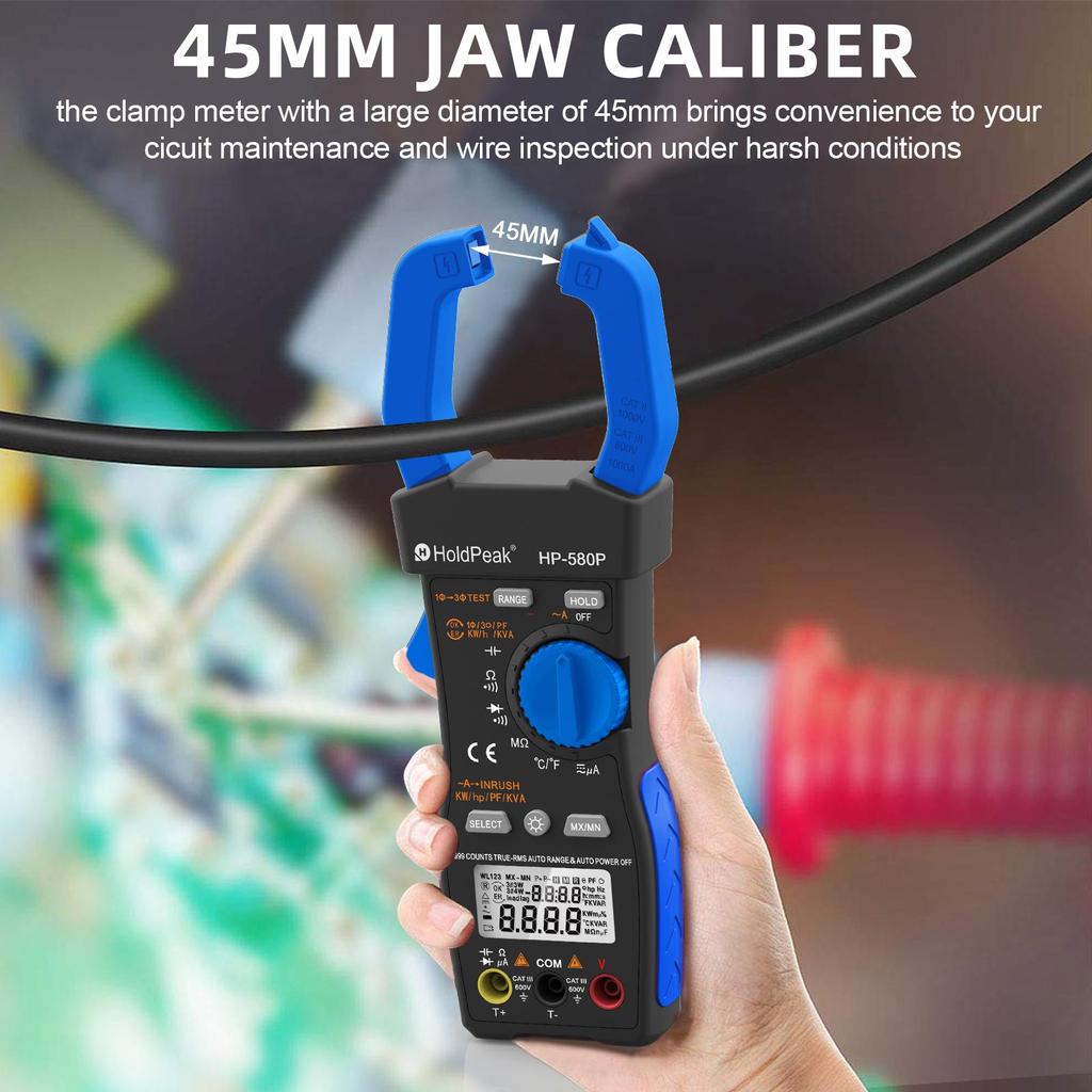 HoldPeak HP-580P Трехфазный токоизмерительный клещи 9999 дисплей тестер мощности измеритель пускового тока, истинное среднеквадратичное значение, ACV, ACA, кВт, кВА, для HVAC