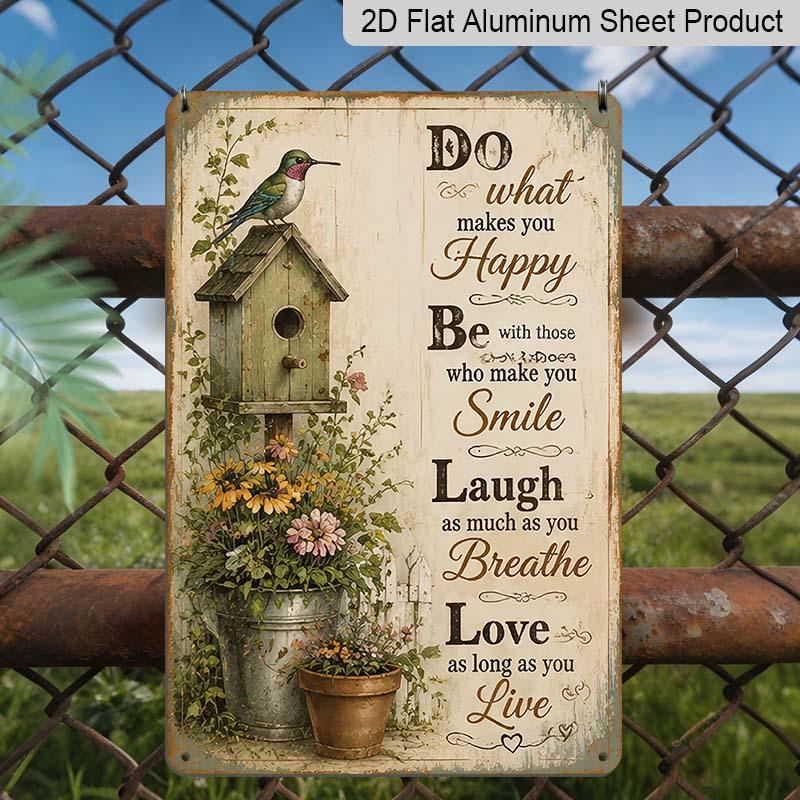 2D Flat Hummingbird Birdhouse Inspirational Quote Vintage Metal Sign‑8.0x12.0inch Aluminum Wall Art, Farmhouse Garden Wall Decor, Pre‑Drilled Holes