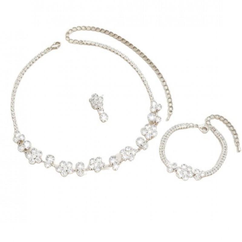 Womens Jewelry Set Zircon Drop Flower Clover Earrings Necklace Bracelet Fresh Style