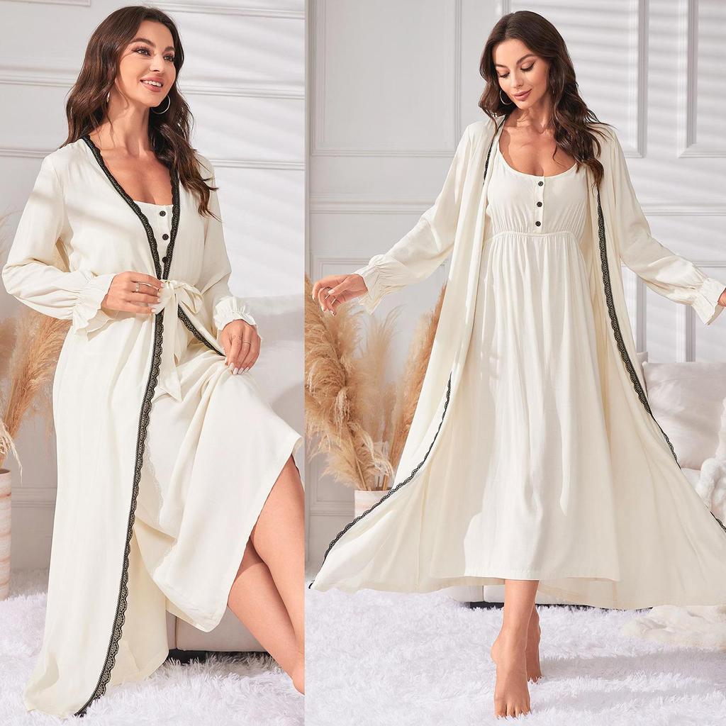 Женская ночная рубашка, комплект из 2 предметов, пижама, ночная рубашка на бретельках, кружевная отделка, халат с длинными рукавами, домашний повседневный халат после купания, одежда для сна