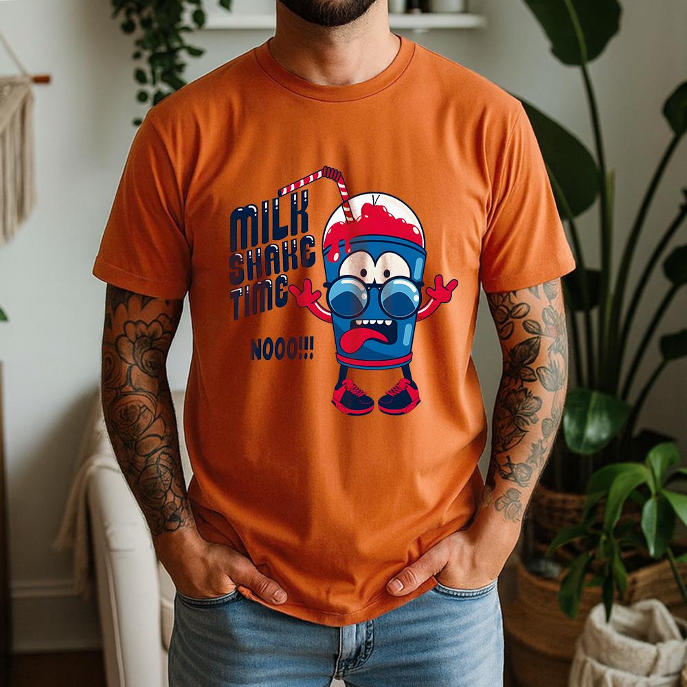 New Summer Unisexs 100 Cotton TShirt Retro Cartoon Milkshake Casual Breathable Short Sleeve Daily Wear