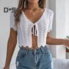 Женские топы крючком с коротким рукавом, на шнуровке, ажурный дизайн, трикотажные топы с защитой от солнца, летние топы для отдыха