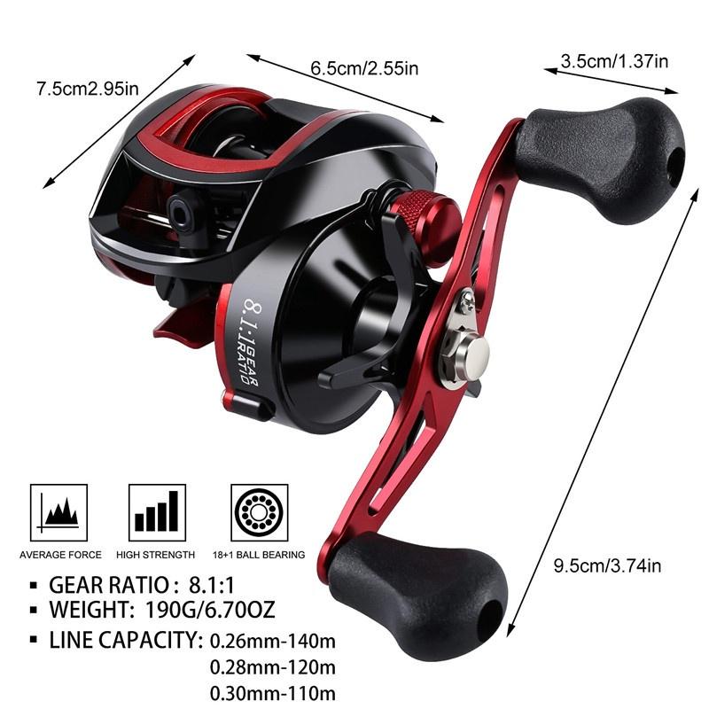 Fishing Reel 18+1BB 8.1:1 Baitcasting Reels 18LB Carbon Baitcasters Left and Right Hand Fishing Reel