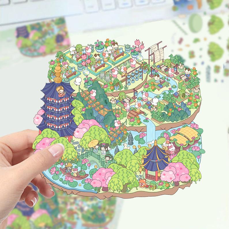 Cartoon Landscape Stickers Multiple Miniature World 3D Hut Unzip DIY Scene Manual Post