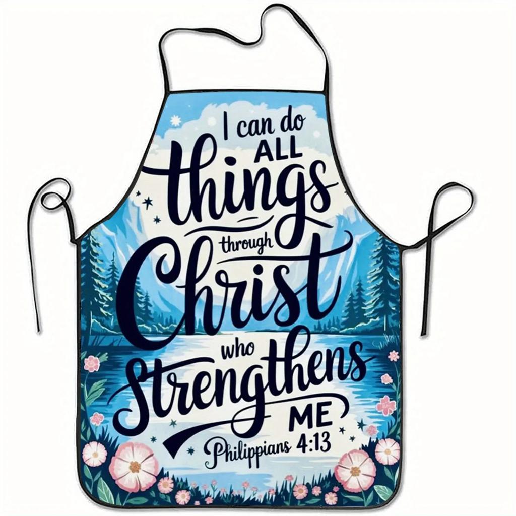 1pc Christian Apron with Philippians 4:13 Bible Verse Floral Starry Night Design, Sleeveless Polyester Kitchen Apron for Baking