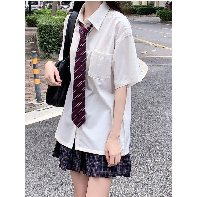 White Short Sleeved Shirts for Women Japanese College Style Versatile Loose Shirt with Tie Summer Single Breasted Blouse