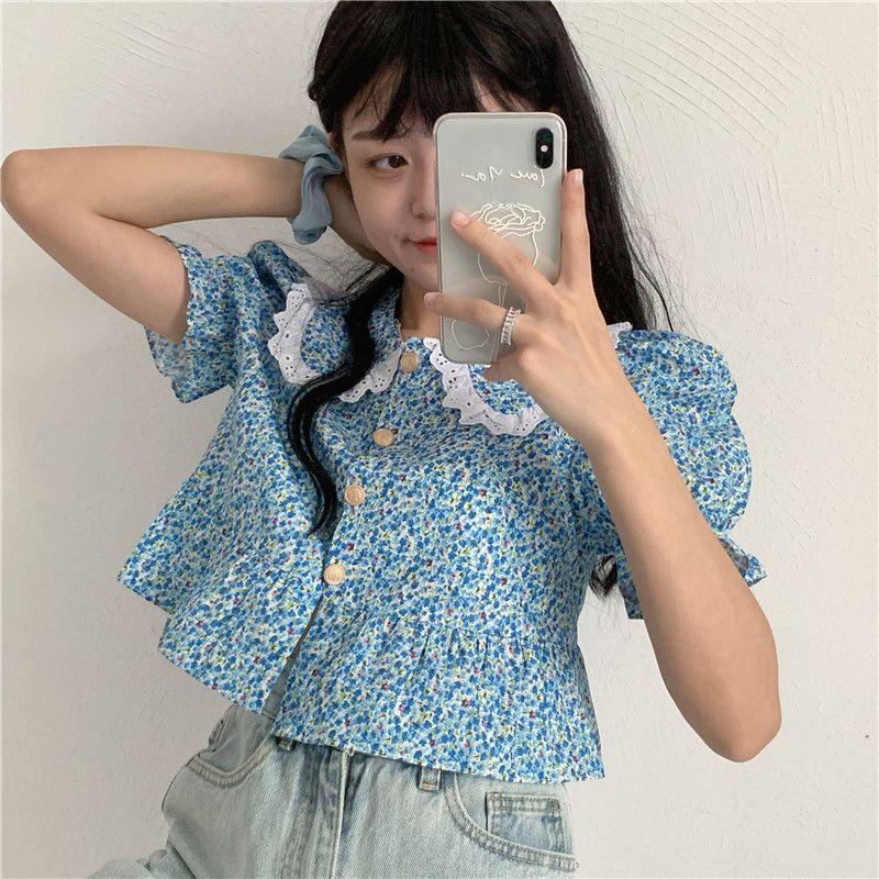 Летний шикарный винтажный топ с воротником «Питер Пэн», женская рубашка в консервативном стиле, кружевные лоскутные повседневные универсальные популярные милые топы