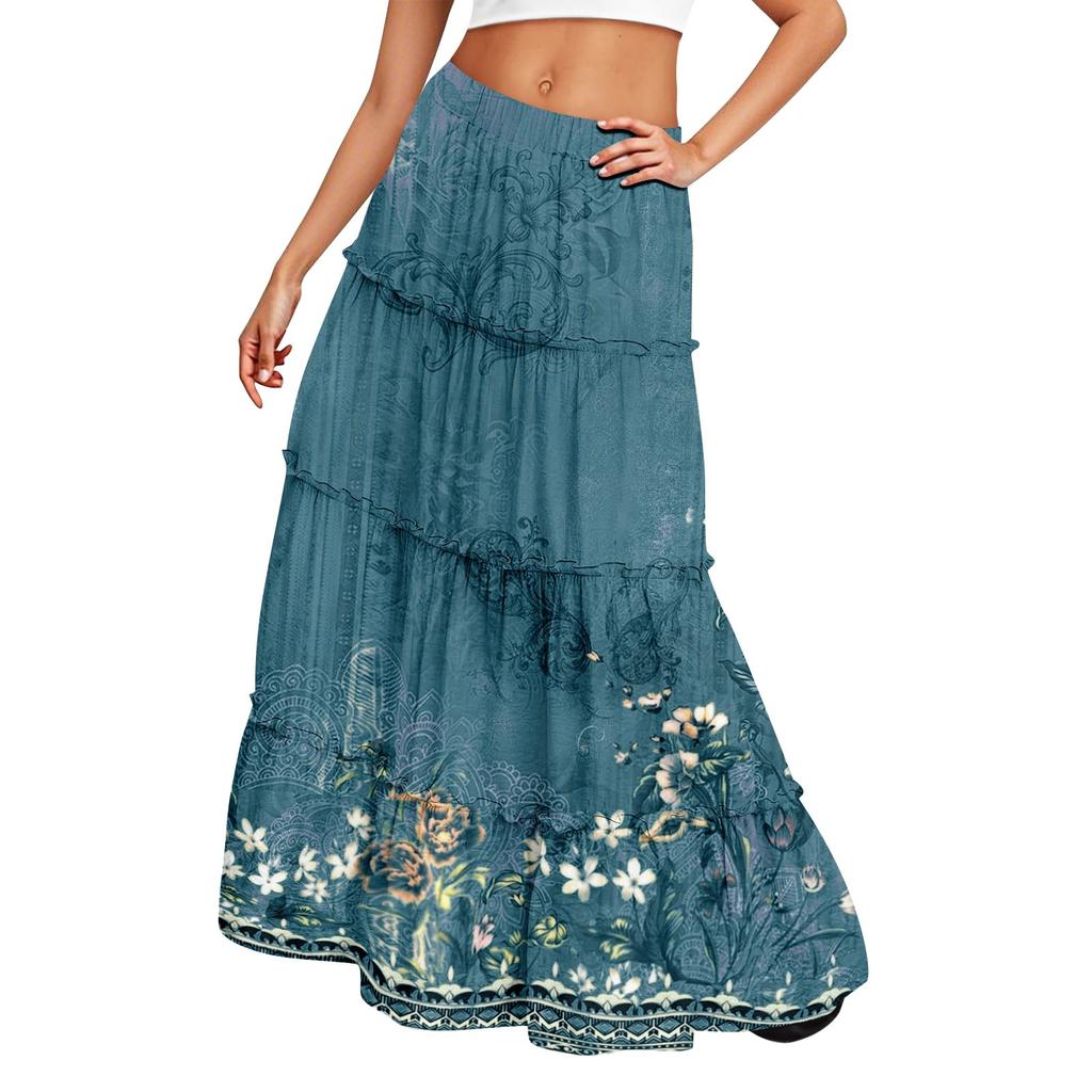 Women's Printed Elastic Waist Loose Hem Long Skirt