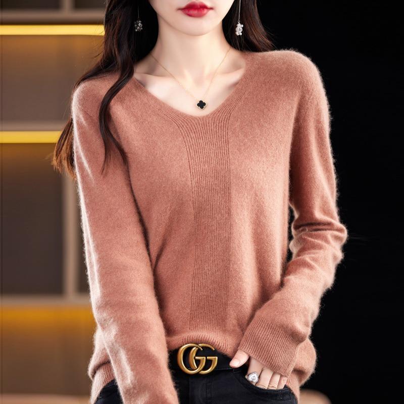Spring and Autumn Women's Knit Sweater V-neck Long-sleeved Knit Sweater Solid Color Pullover Thin Top Gentle Wind Knitted Bottoming Shirt