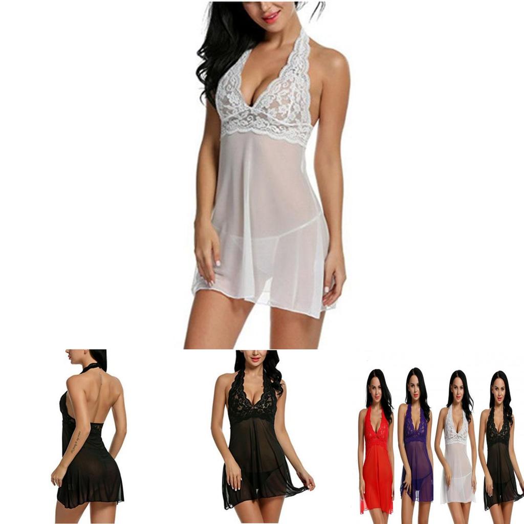 Alluring Women Sexy Lingerie Dress Baby Doll Halter Lace Patchwork Sleepwear Nightwear