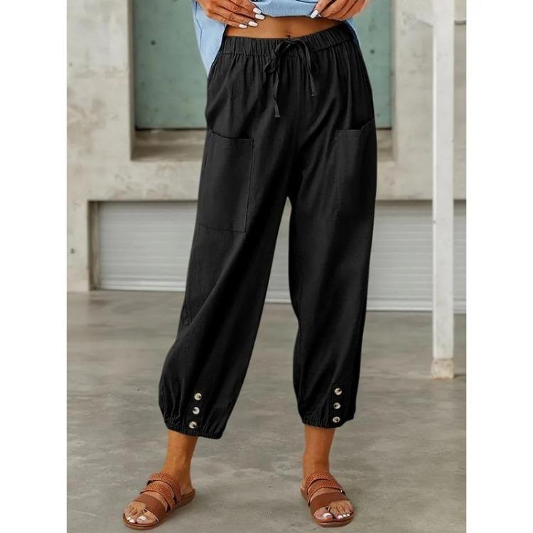 Осень Женские Хлопково-Льняные Эластичная Талия Высокая Посадка Широкие Штанины Свободные Прямые Брюки Однотонные Женские Брюки
