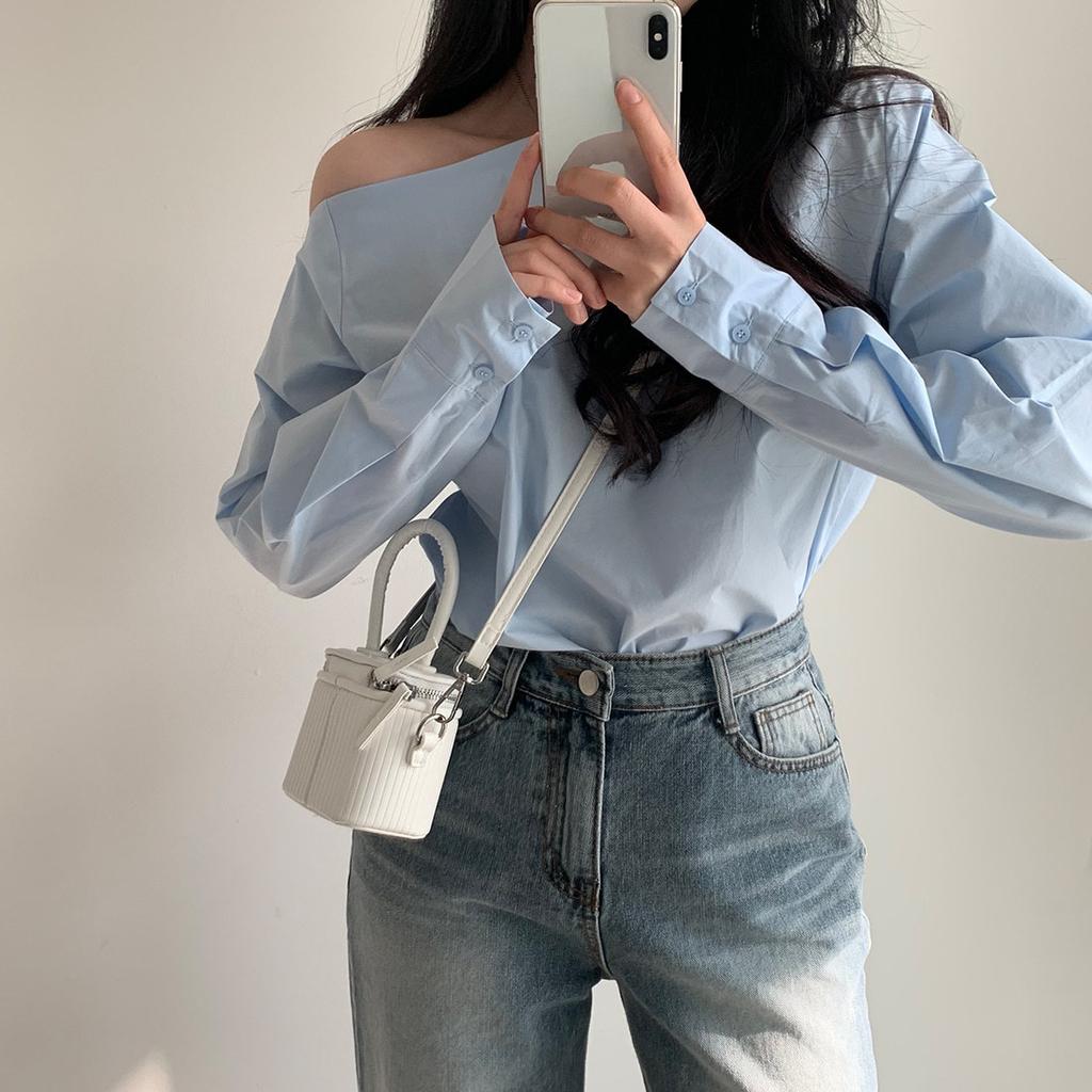 Рубашка с открытыми плечами, женская сексуальная однотонная тонкая рубашка на одно плечо, летняя рубашка с длинными рукавами, дизайнерский топ