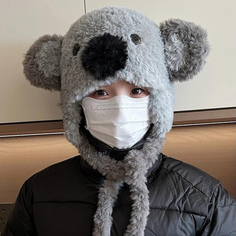 New Cute Cartoon Grey Koala Plush Lei Feng Hat for Women In Winter Warm Ear Protection Lace Up Hat