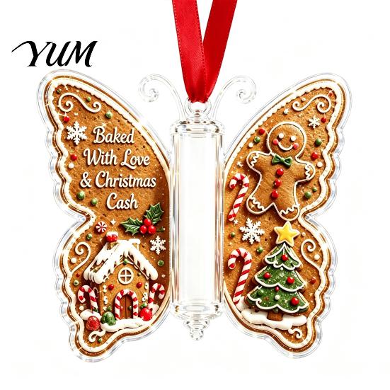 Decorative Hanging Money Gift Christmas Holder Ornament, Acrylic Cash Decor with Vintage Idea for Friends Butterfly Print, Holiday Party Supplies And