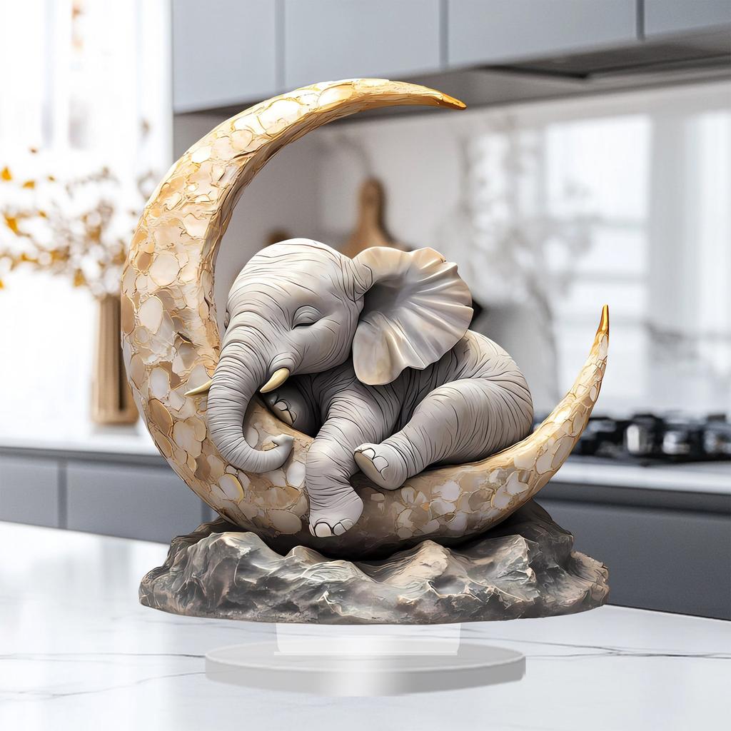 Artistic Elephant Sleep On Moon 2D Flat Acrylic Statue Nontoxic Decorative Piece Ornament For Living Room Office Desktop