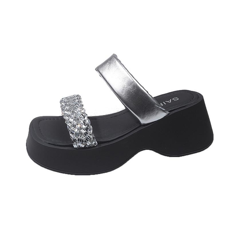 2025 лето новый модный бриллиант «бегущая вода» верхняя одежда универсальные крутые шлепанцы на толстой подошве подошва-маффин пляжная обувь