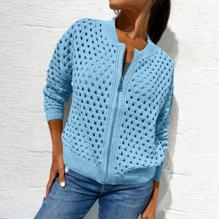 Women Casual Jacket Long Sleeve Solid Color Hollow Out Zipper Fashion Outerwear