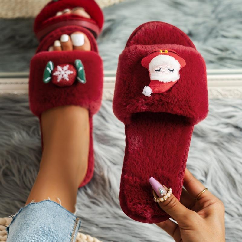 European and American Christmas Element Slippers for Women's 2024 Autumn Winter New Cartoon Cute Flat Bottom Women's Slippers