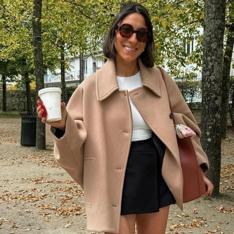 Однобортные пальто с лацканами женские свободные шерстяные с длинным рукавом карманы короткая куртка женская осень зима элегантные повседневные топы верхняя одежда