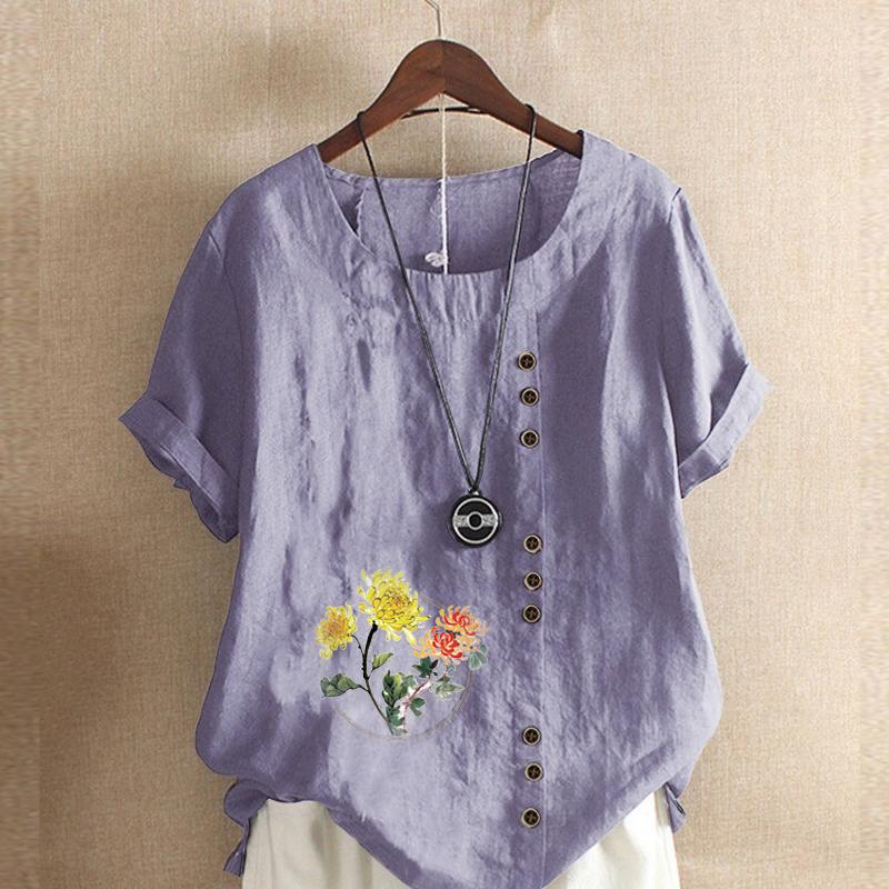 Women's Fashion Flowers Prined Round Neck Short Sleeve T-shirt Casual Cotton Linen Graphic Shirt Leisure Loose Summer Blouse Tops