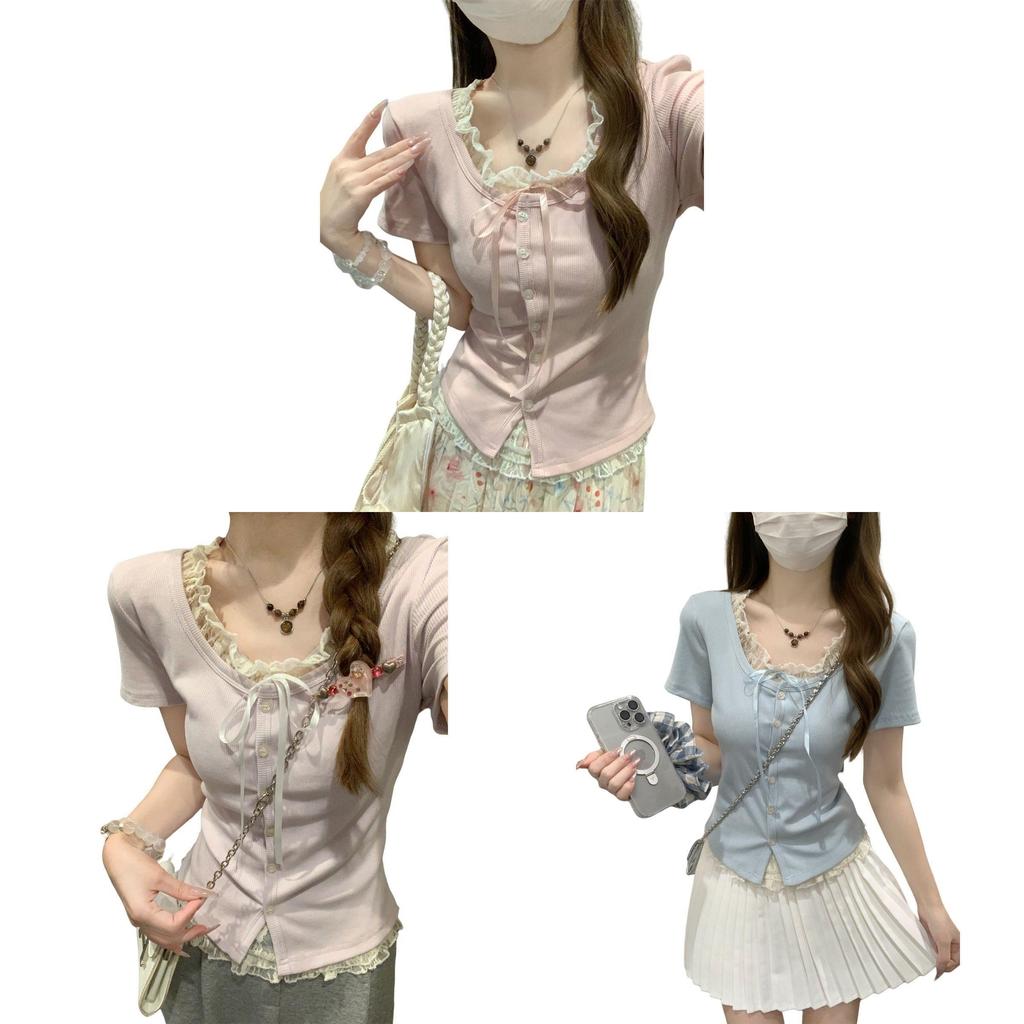 Plain Weave T Shirt With Lace Embroidery For Summer Casuals