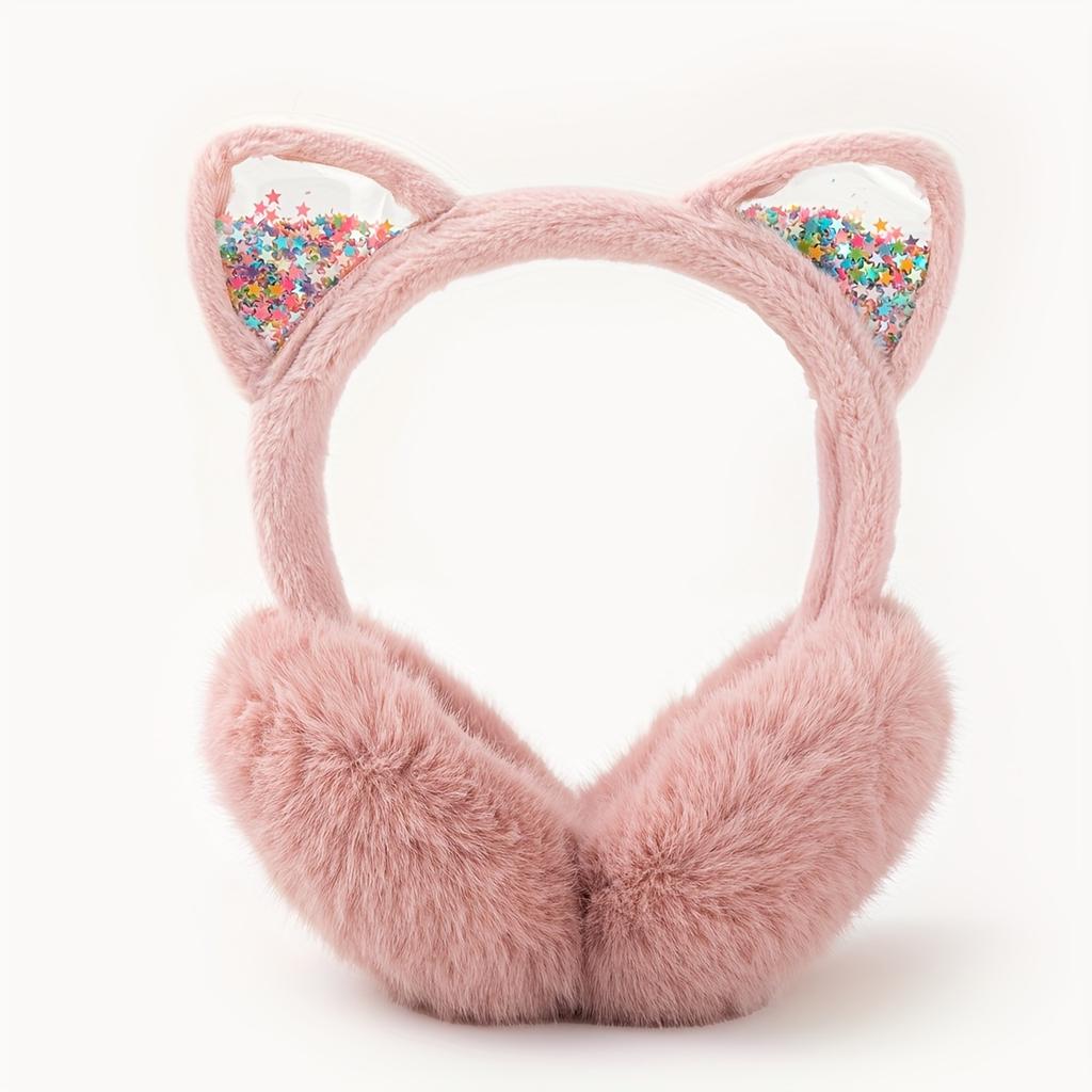 Cute Cat Ear Earmuffs for Teen Girls - Foldable Winter Ear Warmers, Sparkle Sequin Design, Solid Color, Polyester, Suitable for Ages 15+