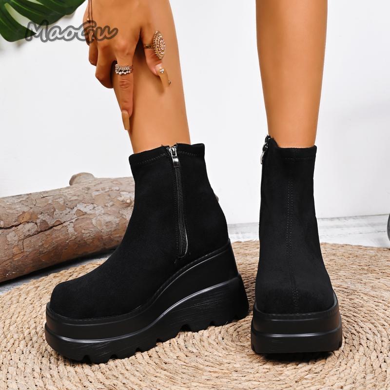 Fashion Suede Wedge Heel Ankle Boots Autumn Square Toe Chunky Platform High Heel Side Zip Boots Classic Solid Black Botas Size35