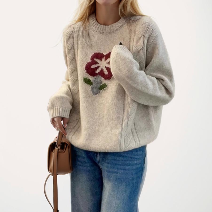 Dimanaf 2024 Новые осенние свитера, пуловеры, женские свитера с цветочным принтом, вязаные свободные свитера