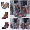 Women Shoes Splicing Printed Ankle Boots for Female PU Leather Retro Block High Heels Bohemian Ladies Spring Autumn Short Boots